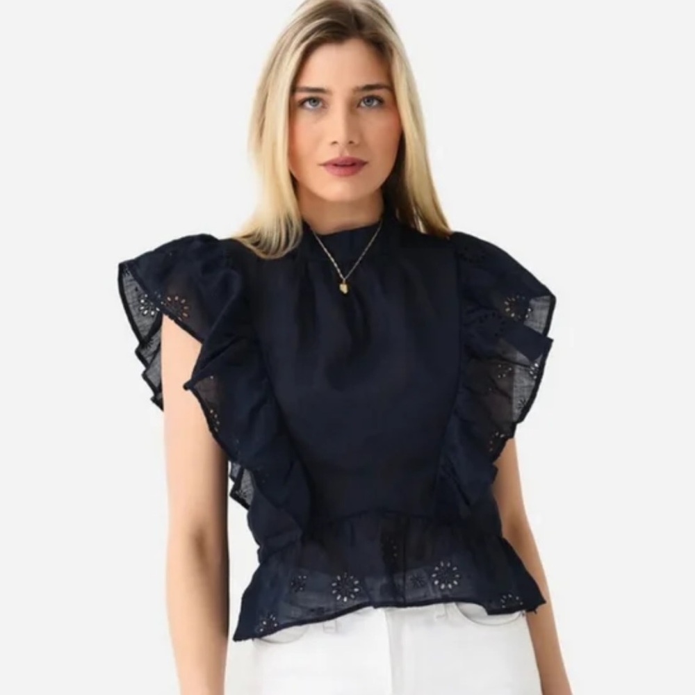 FRAME Navy Eyelet Ruffle Sleeve Top